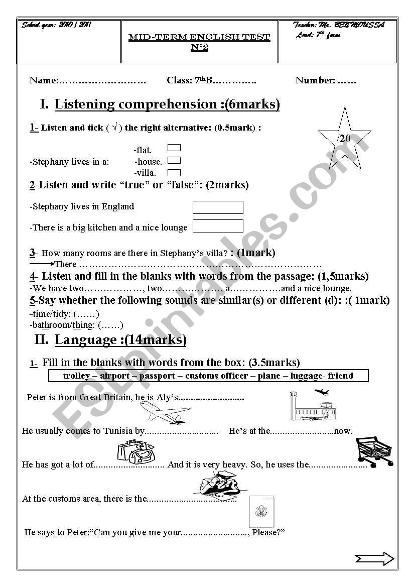 7 th year mid  term test n 2 for Tunisian  pupils