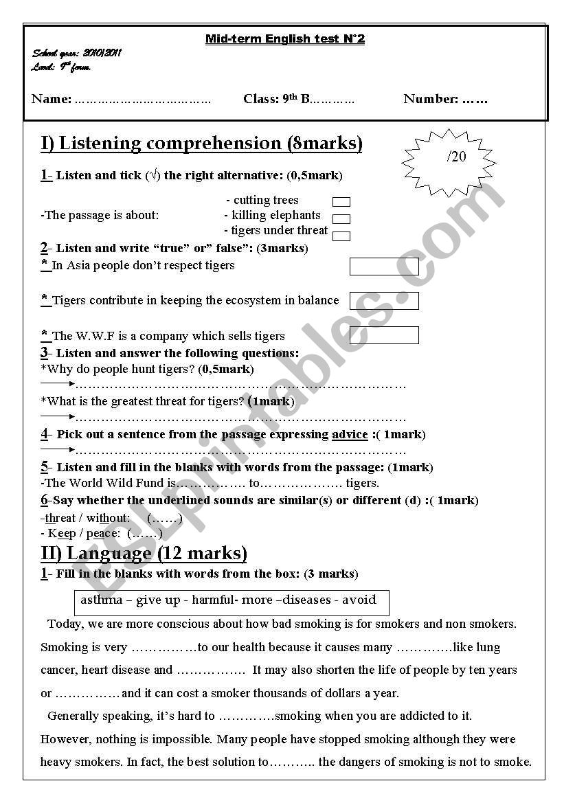 9 th year mid term test n2 recommended for Tunisian pupils