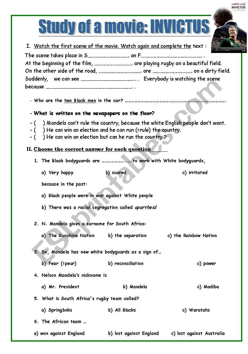 Invictus Nelson Mandela worksheet