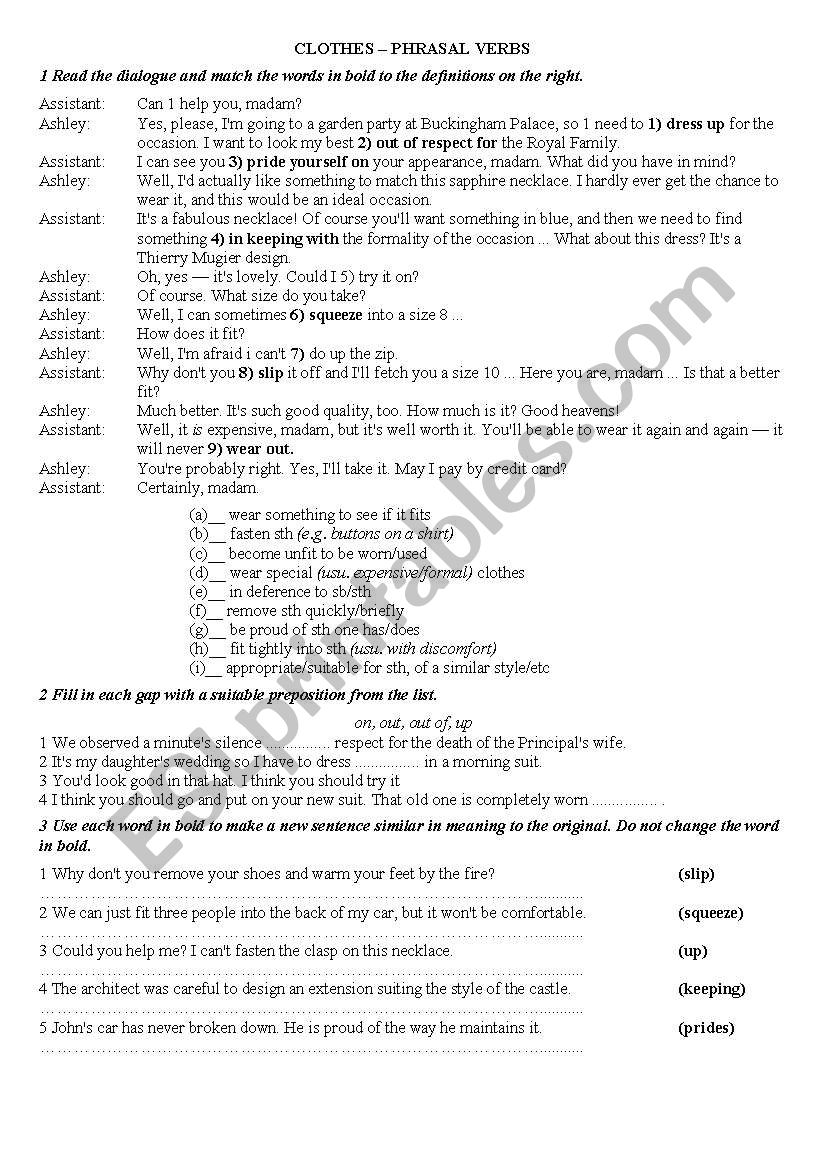 Clothes+phrasel verbs worksheet