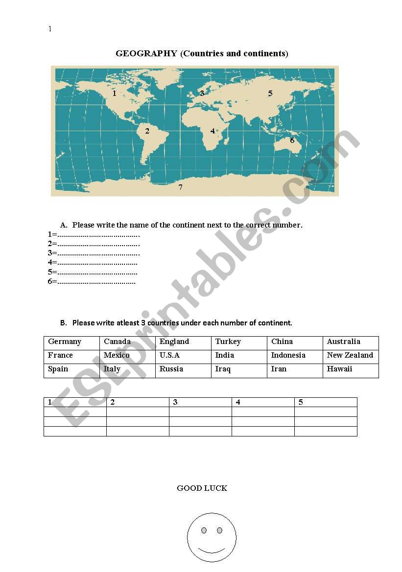 Countries and continents worksheet