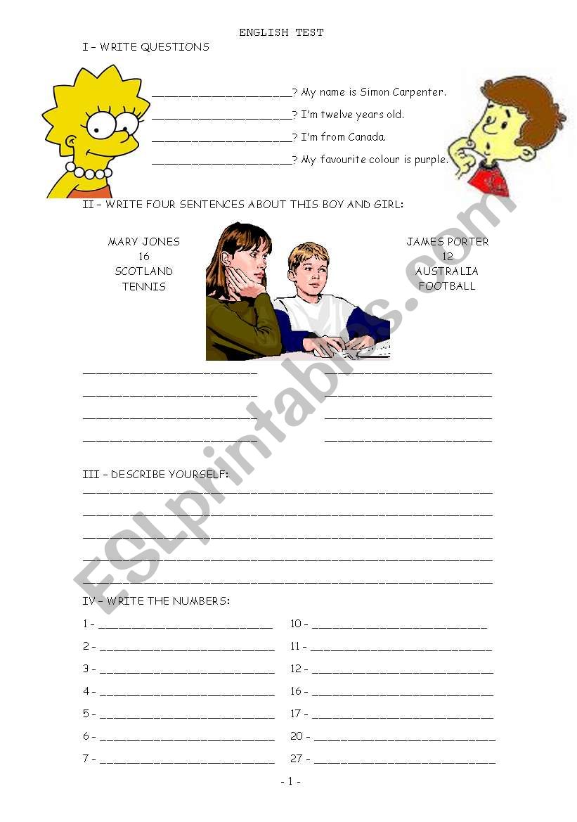 English test worksheet