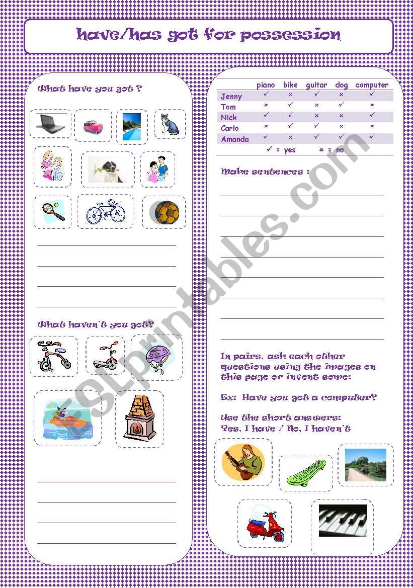 Have/Has got for possessions worksheet
