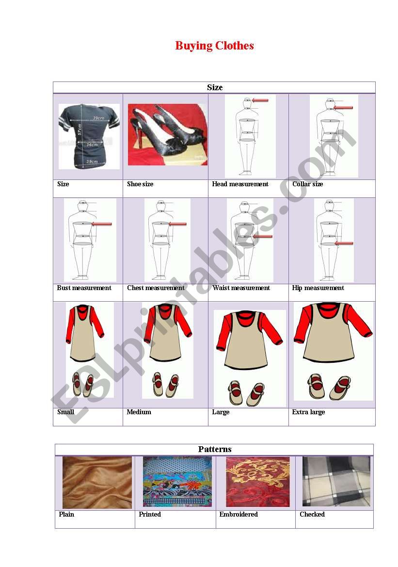 Clothes(Style and size) worksheet