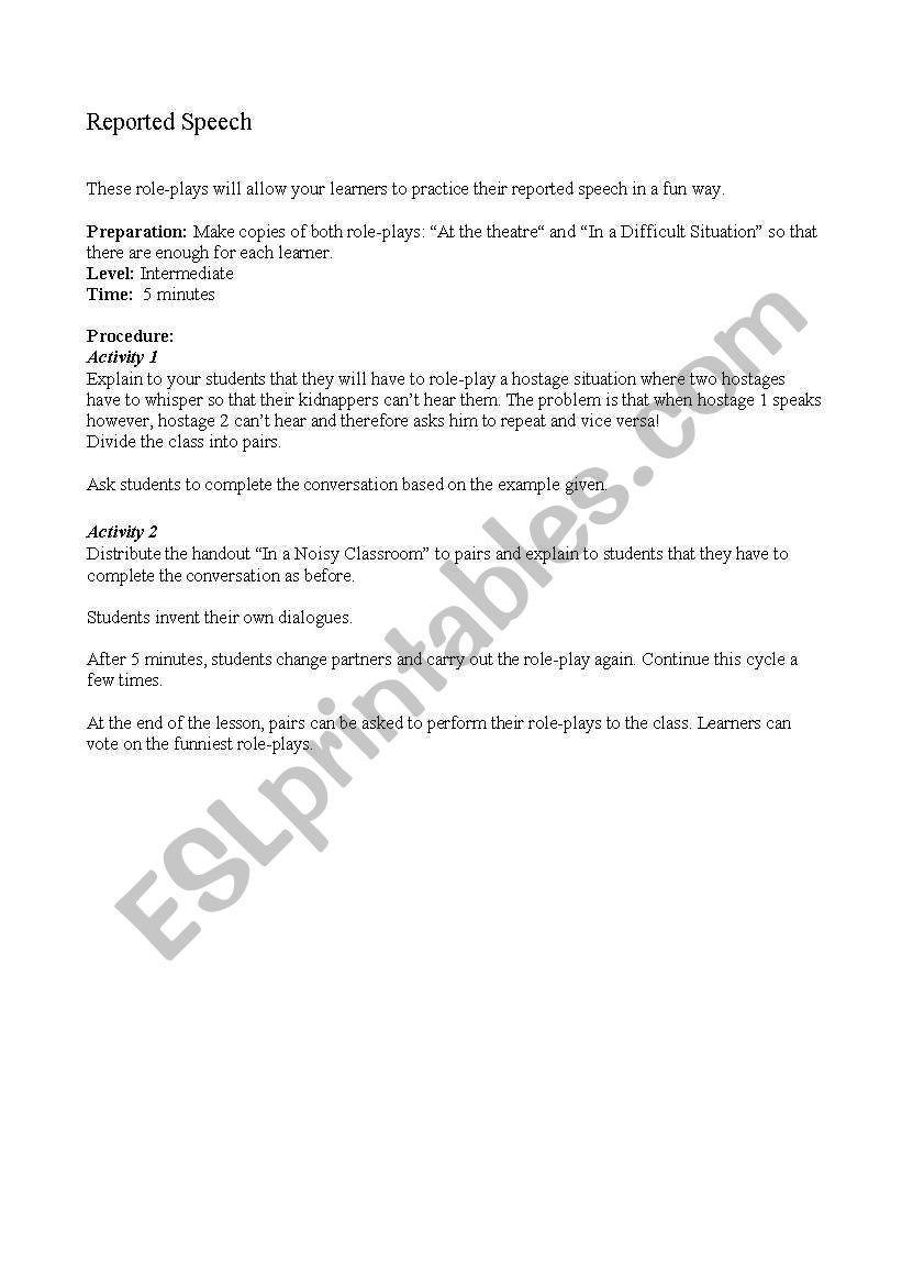 Reported speech role-plays worksheet
