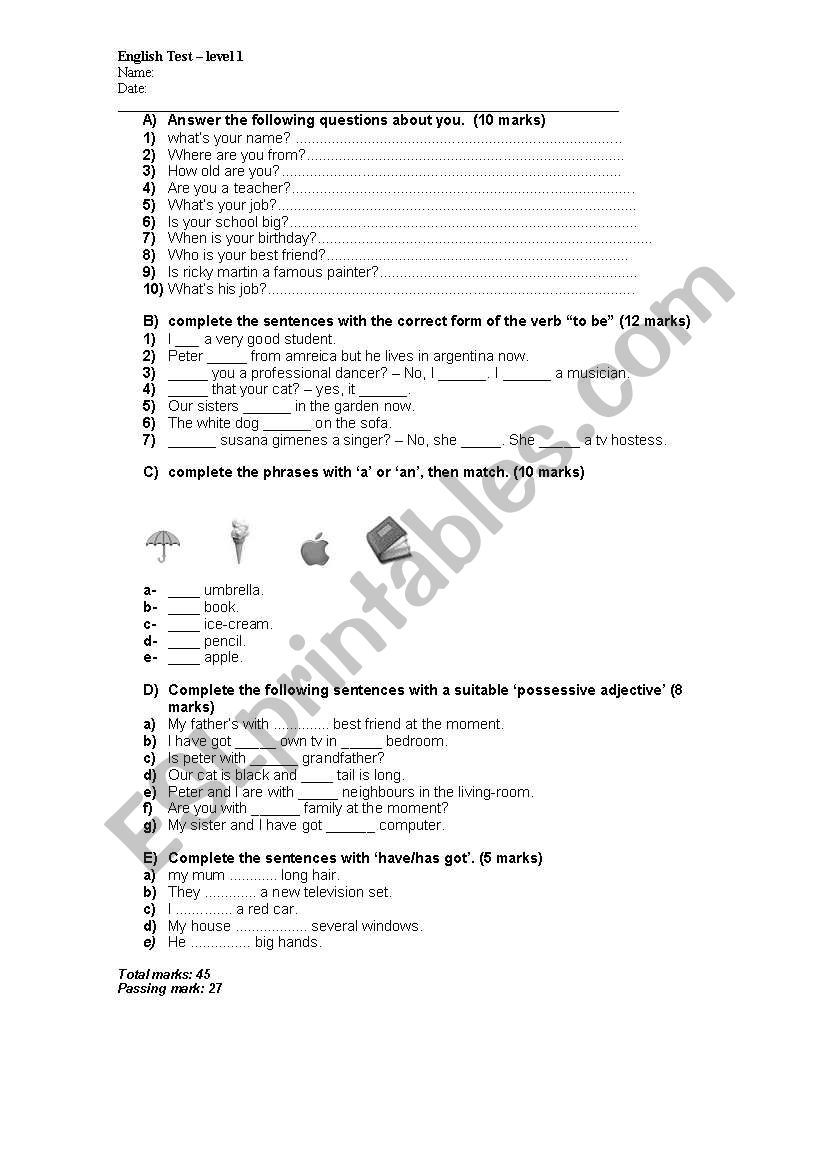 English test level I worksheet