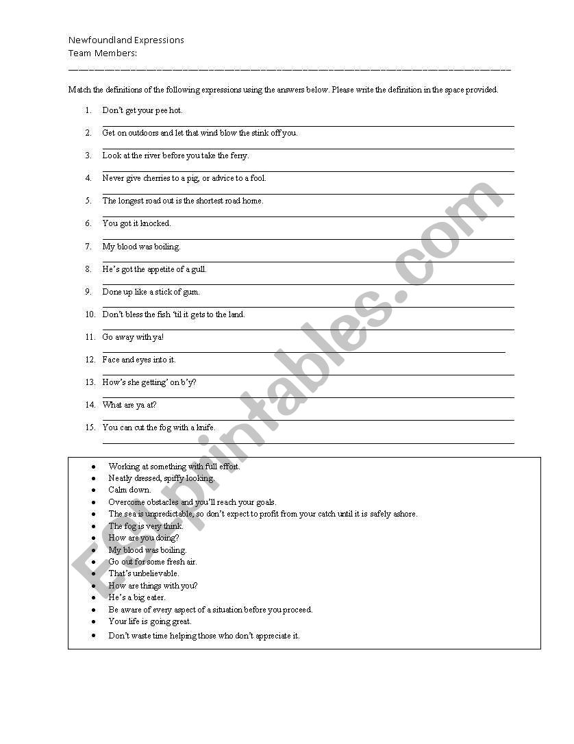 Newfoundland Expressions worksheet