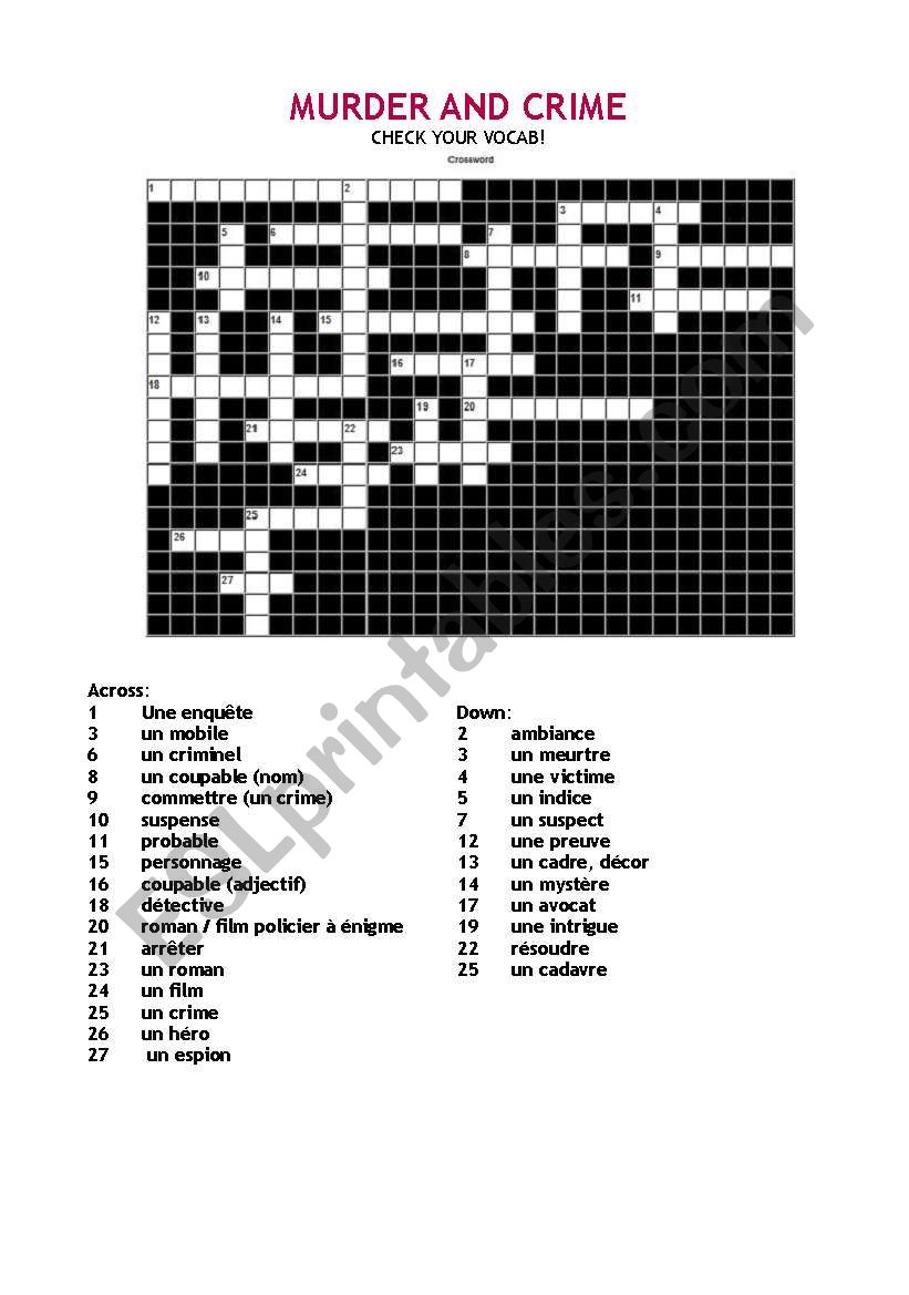 crossword murder and crime worksheet
