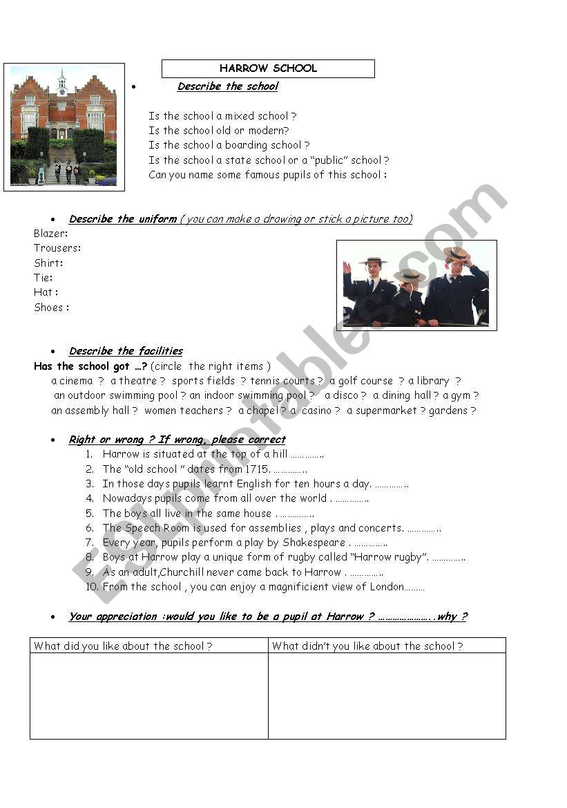 harrow school  worksheet