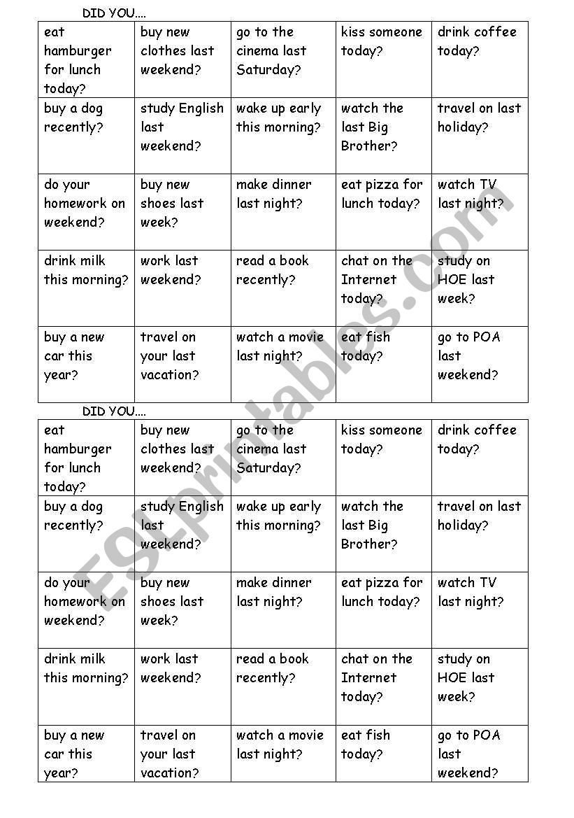 BINGO_SIMPLE PAST worksheet