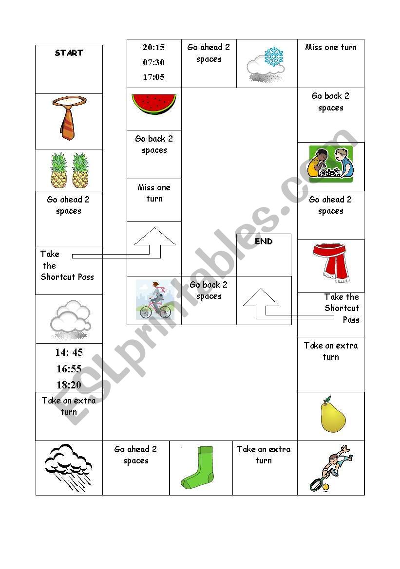 Board game - revision of clothes, weather and fruit 