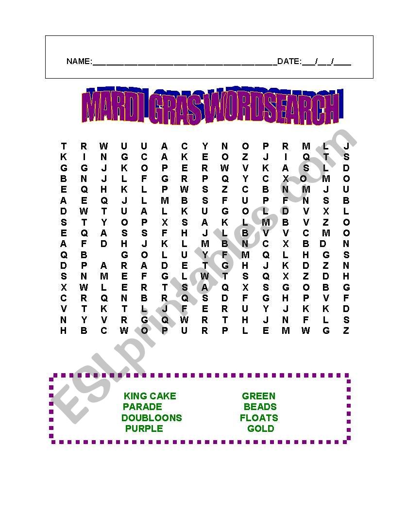 Mardi Gras Word search worksheet