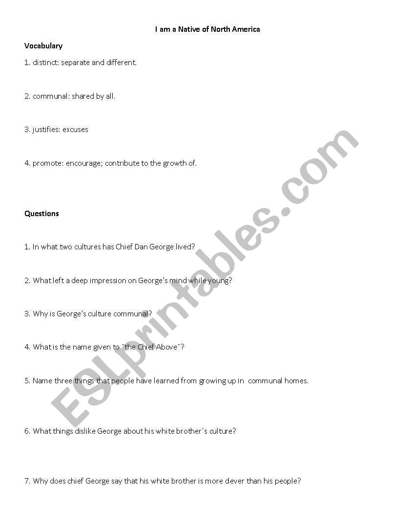 i am the Native of North worksheet