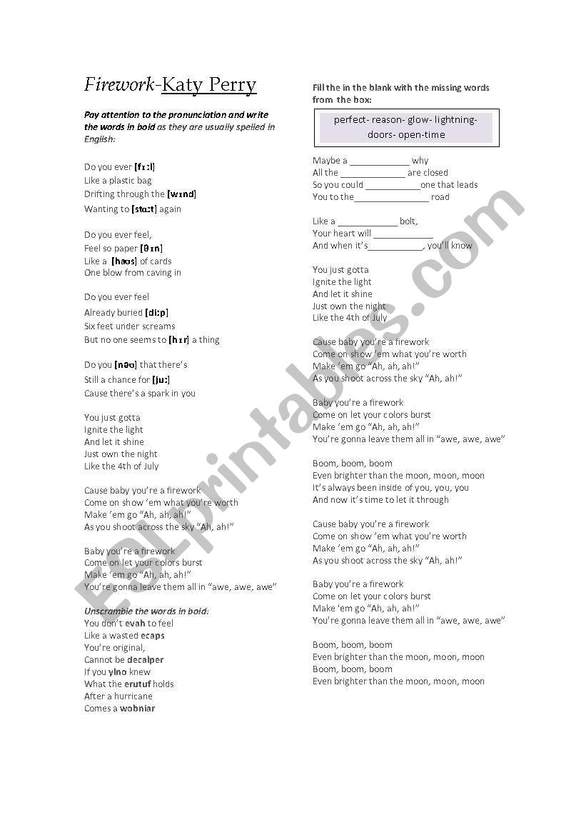 Firework- Katy Perry worksheet