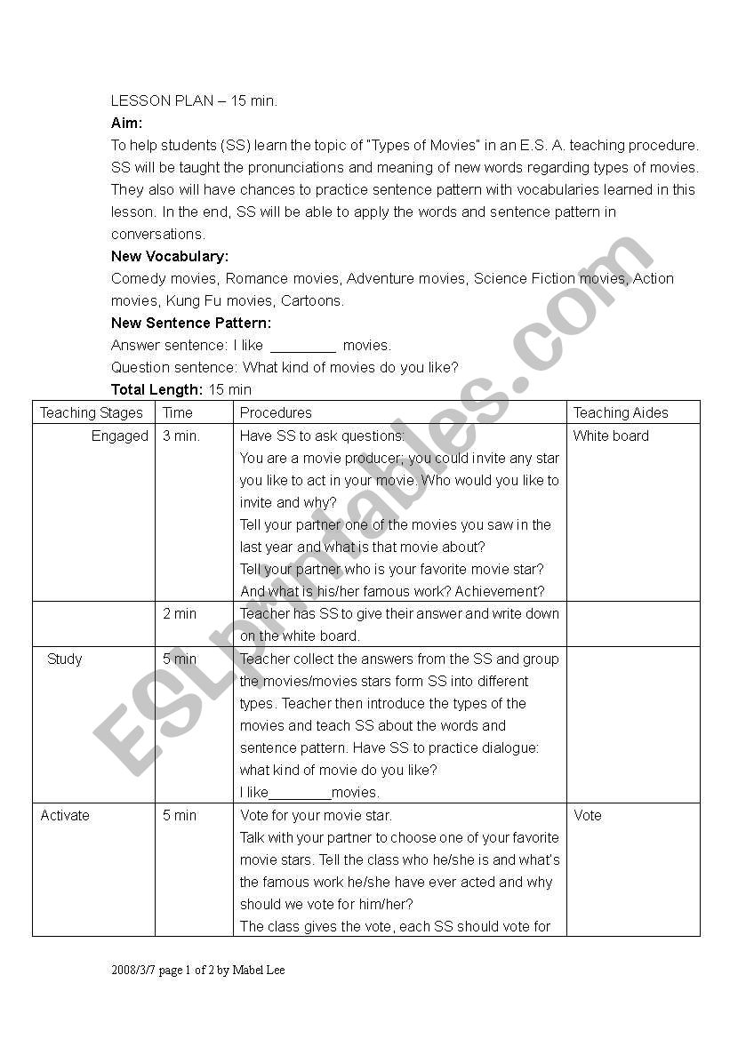 lesson plan-movies worksheet