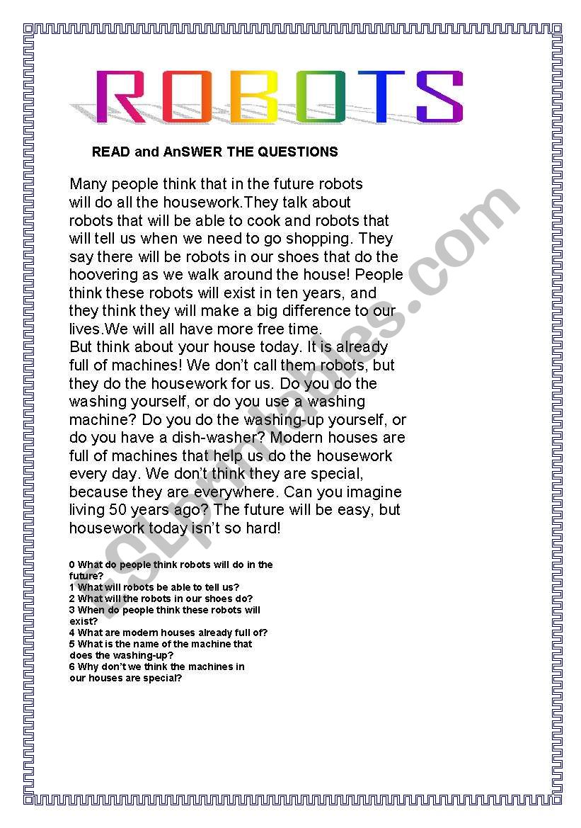 ROBOTS -Reading comprehension worksheet