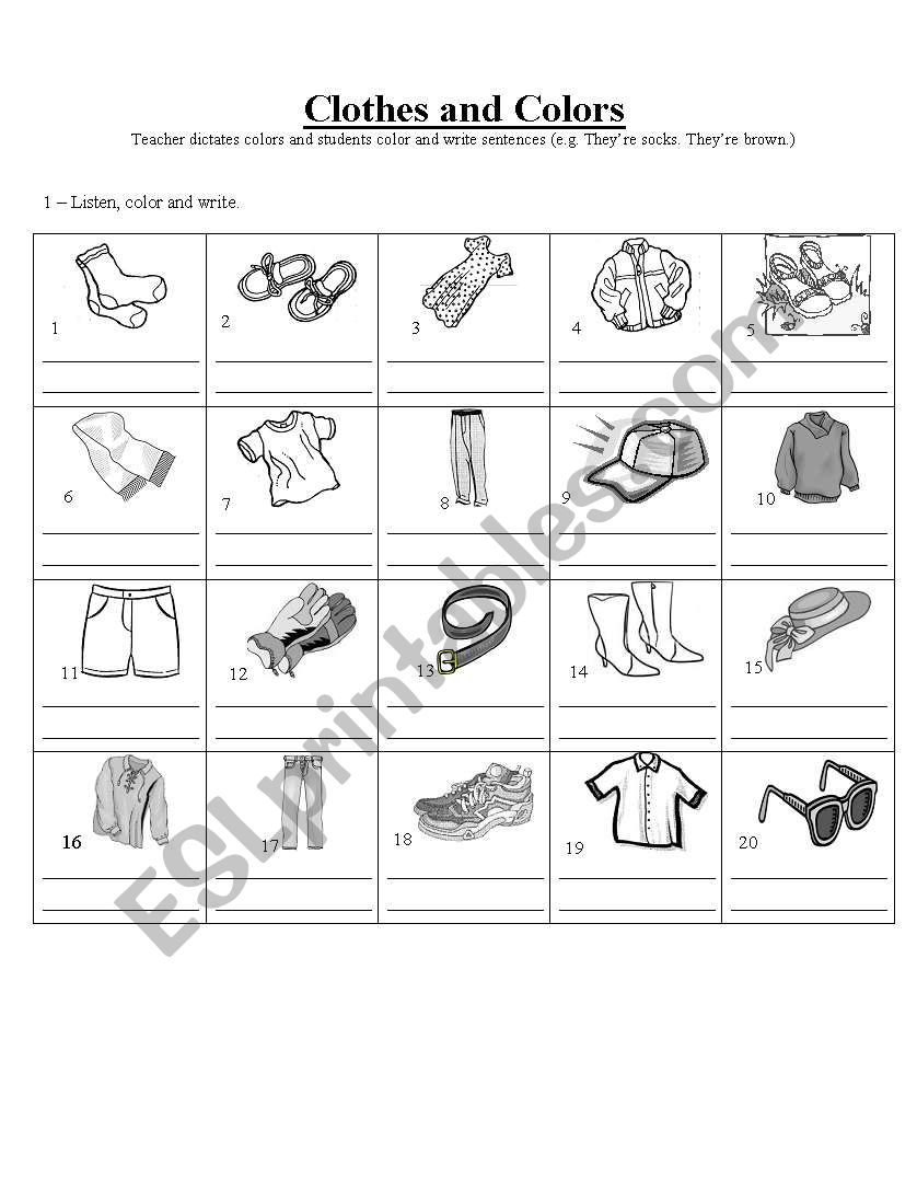 Clothes, listening and color worksheet