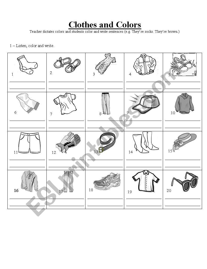 Clothes, listening and color worksheet