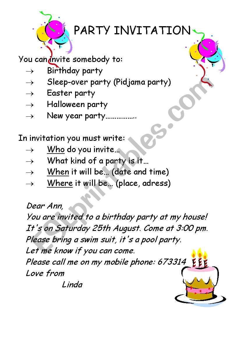 party invitation worksheet