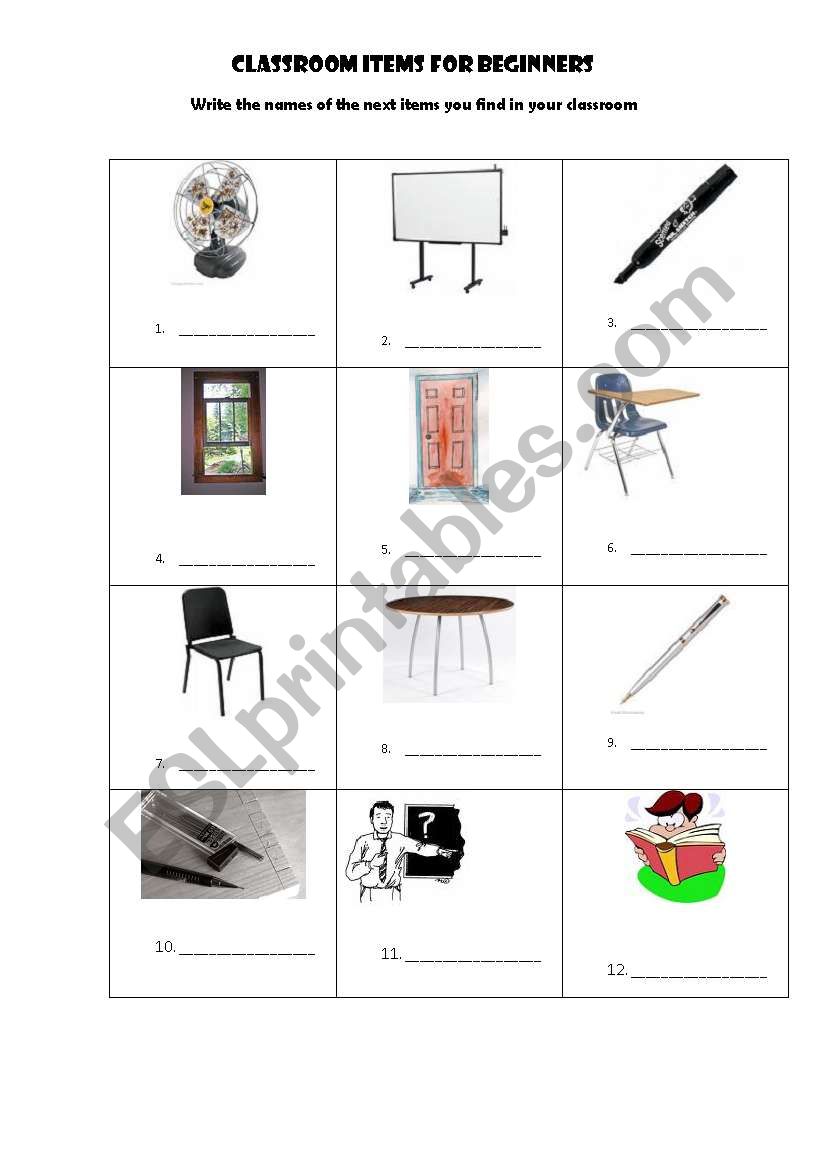 Classroom Items worksheet