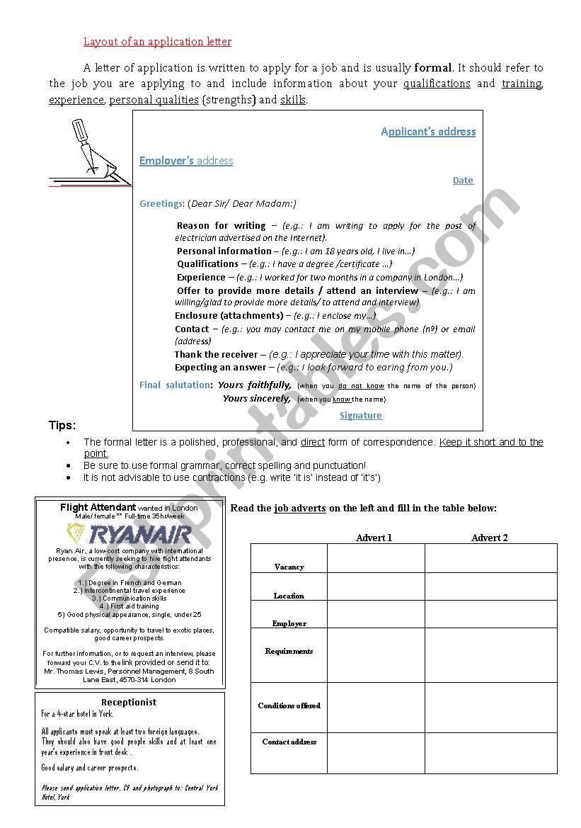 Layout of an application letter /job advert analysis - ESL worksheet by