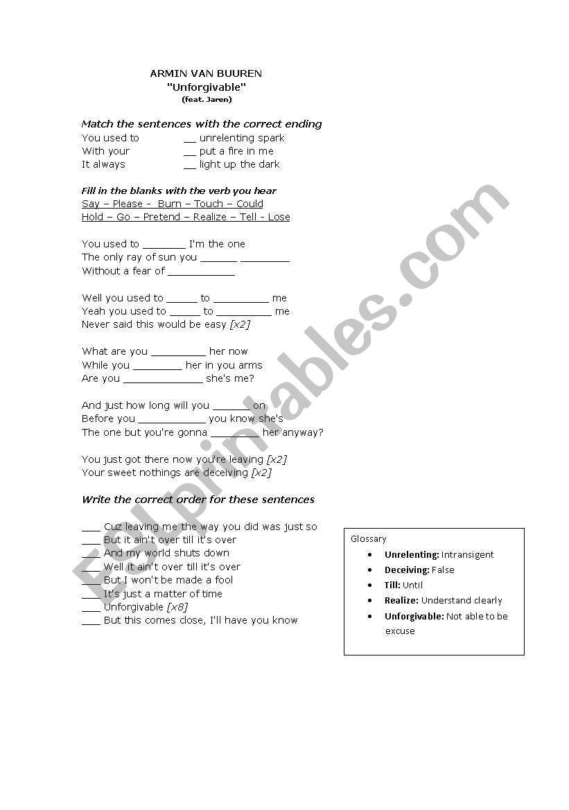 Used To - Unforgivable worksheet