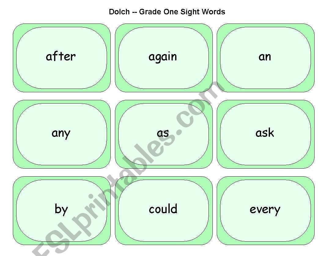 Dolch Grade One Cards worksheet
