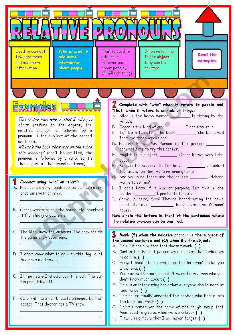 Relative Pronouns: who / that â€¢ grammar guide â€¢ examples â€¢ 3 tasks â€¢ B&W version â€¢ handout with keys â€¢ 3 pages â€¢ fully editable