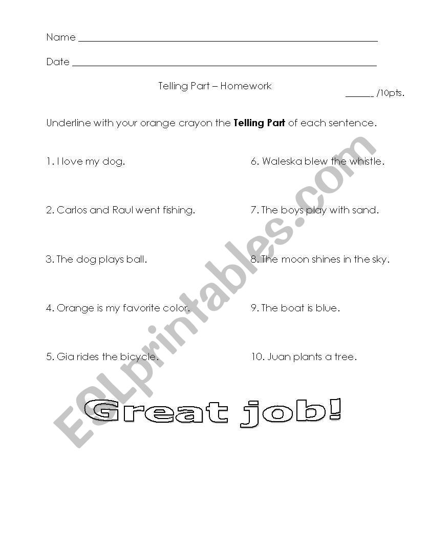 Telling Part worksheet