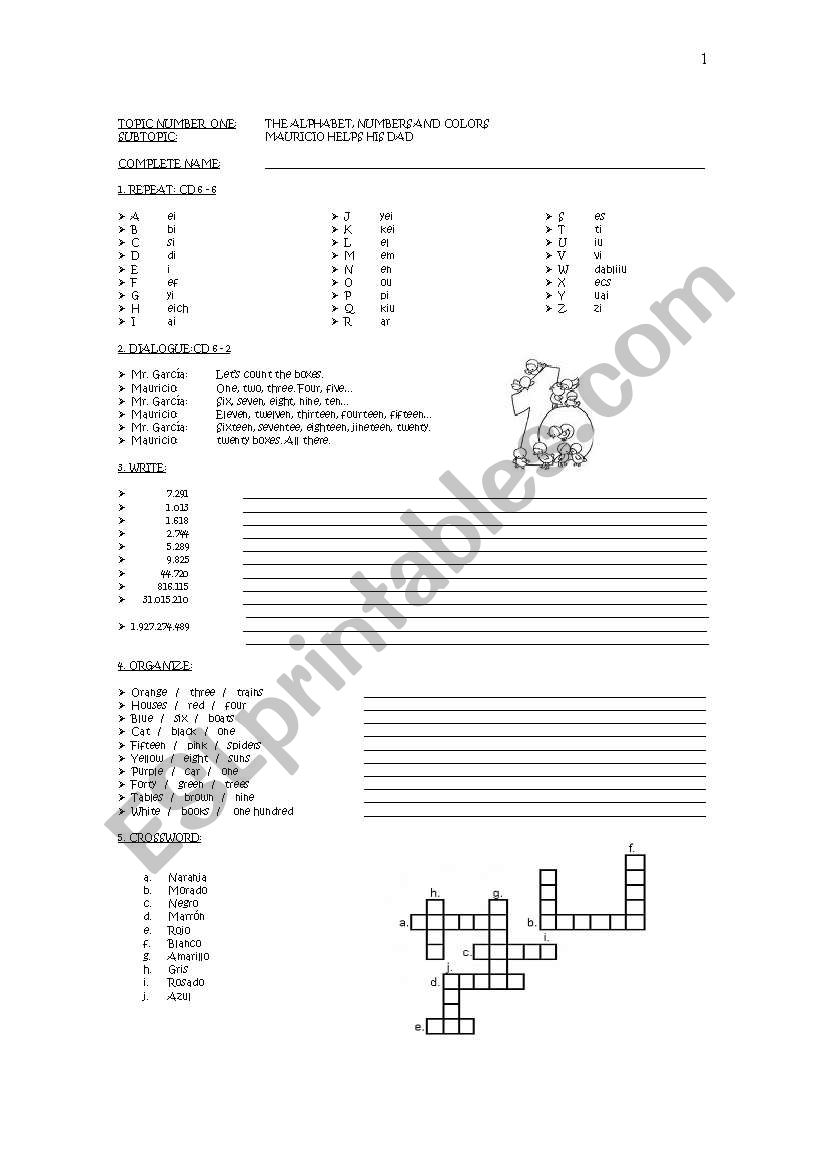 numbers  and adjectives worksheet