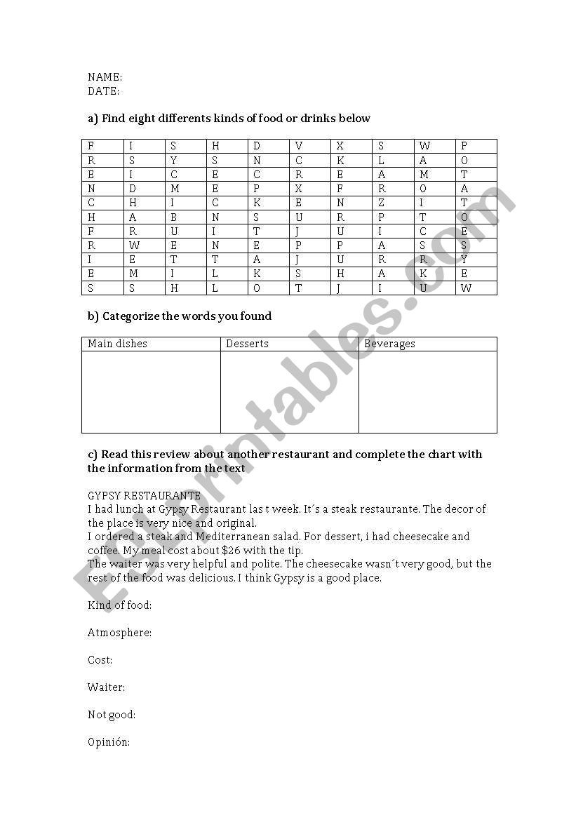 food and drinks worksheet