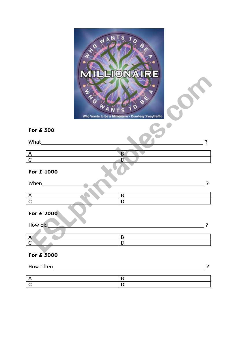 Who wants to be a millionaire? Blank questionnaire