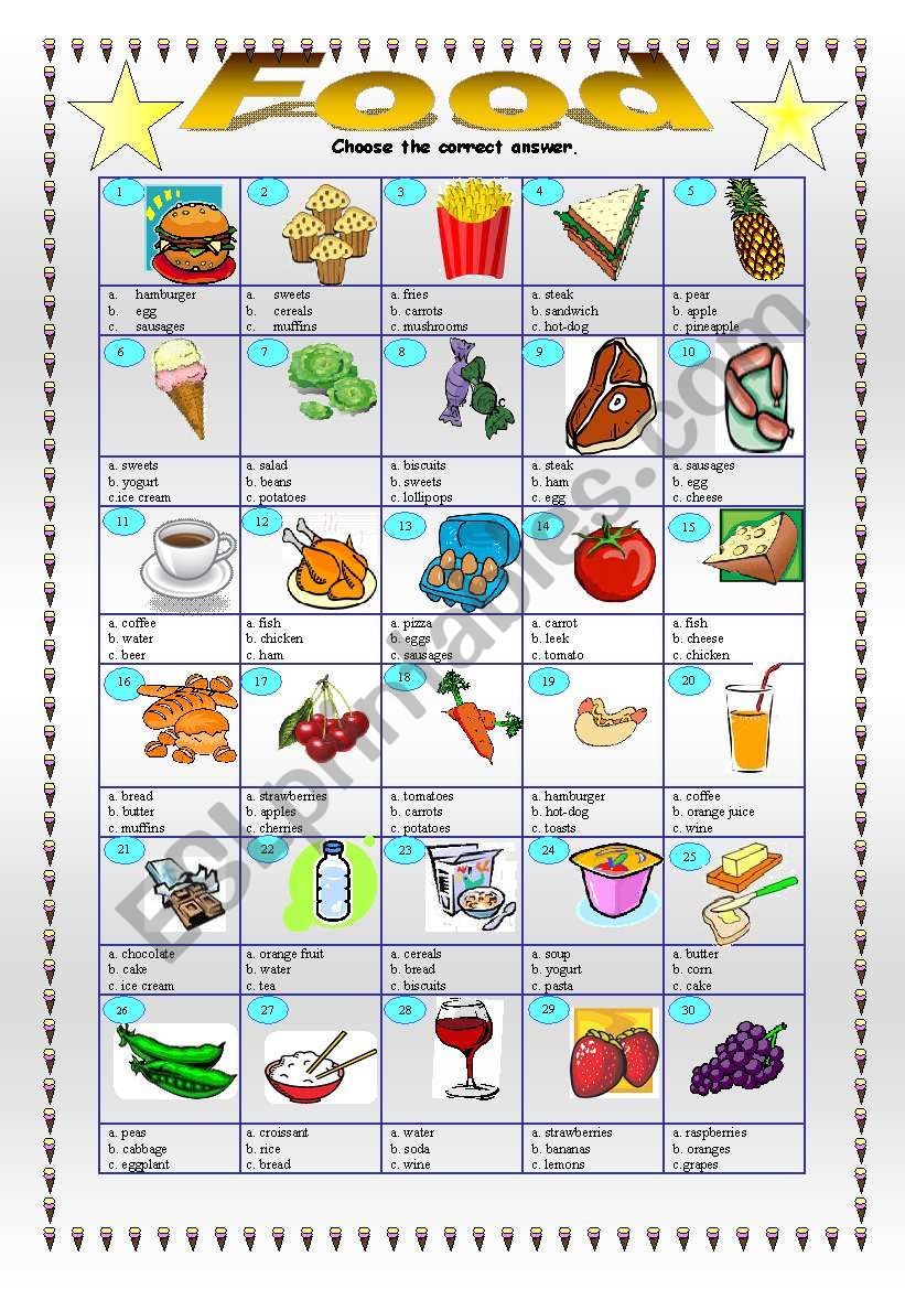 Food, choose the right answer worksheet