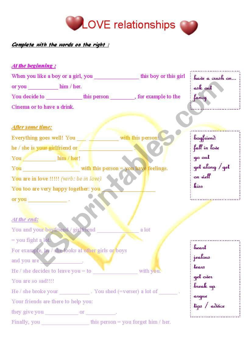 LOVE RELATIONSHIPS worksheet