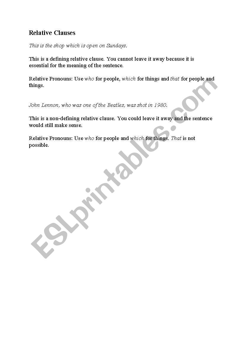 Relative Clauses worksheet