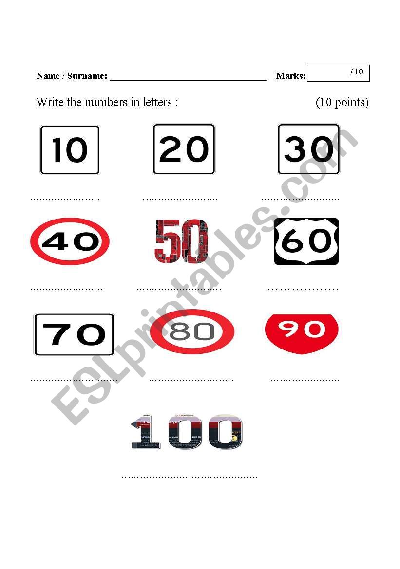 Numbers in tens worksheet