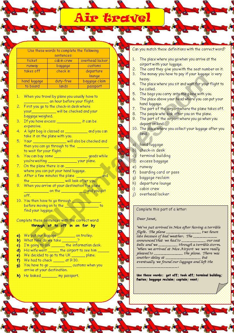 AIR TRAVEL WORKSHEET worksheet