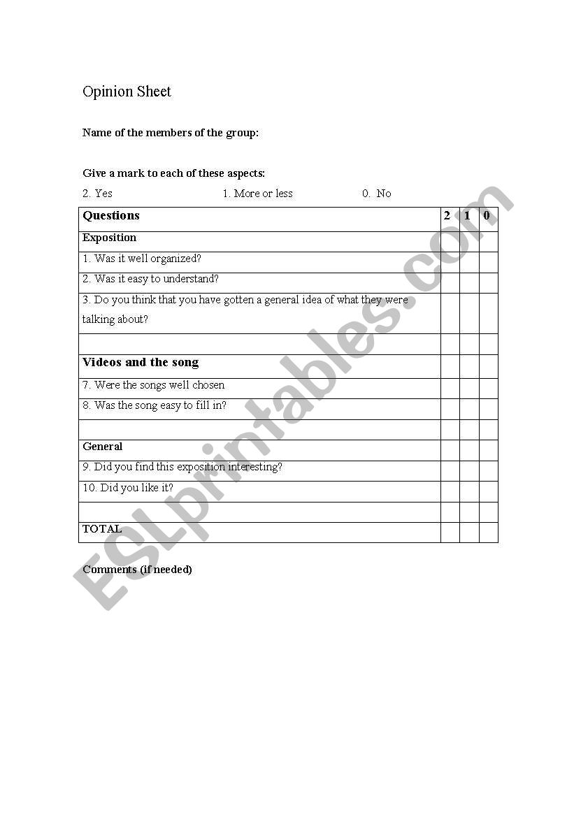 Assessment sheet worksheet