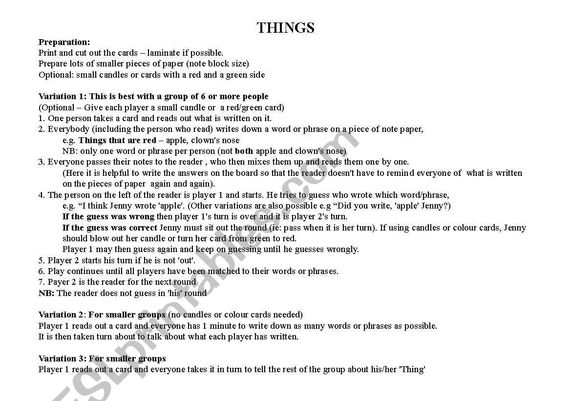 THINGS worksheet