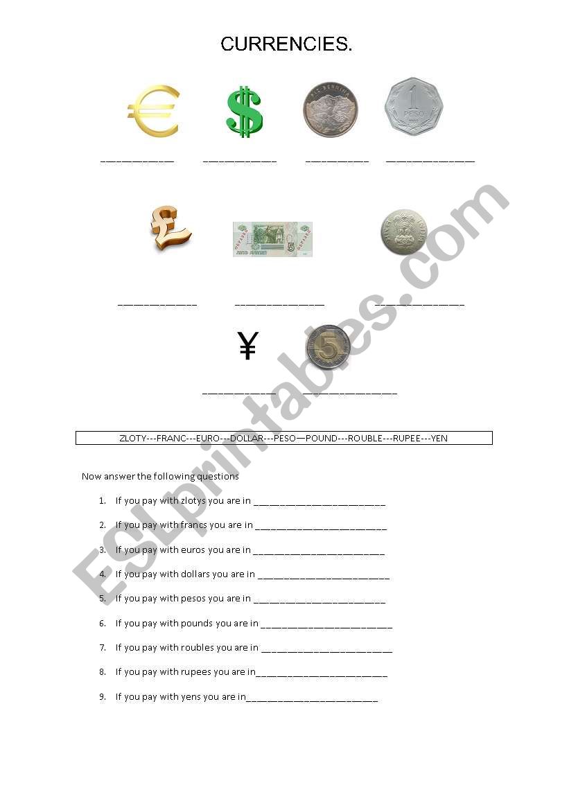 CURRENCIES. worksheet