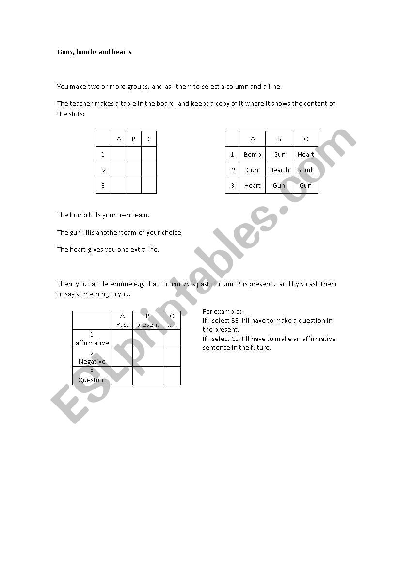 Game - Guns, Hearts, Bombs worksheet