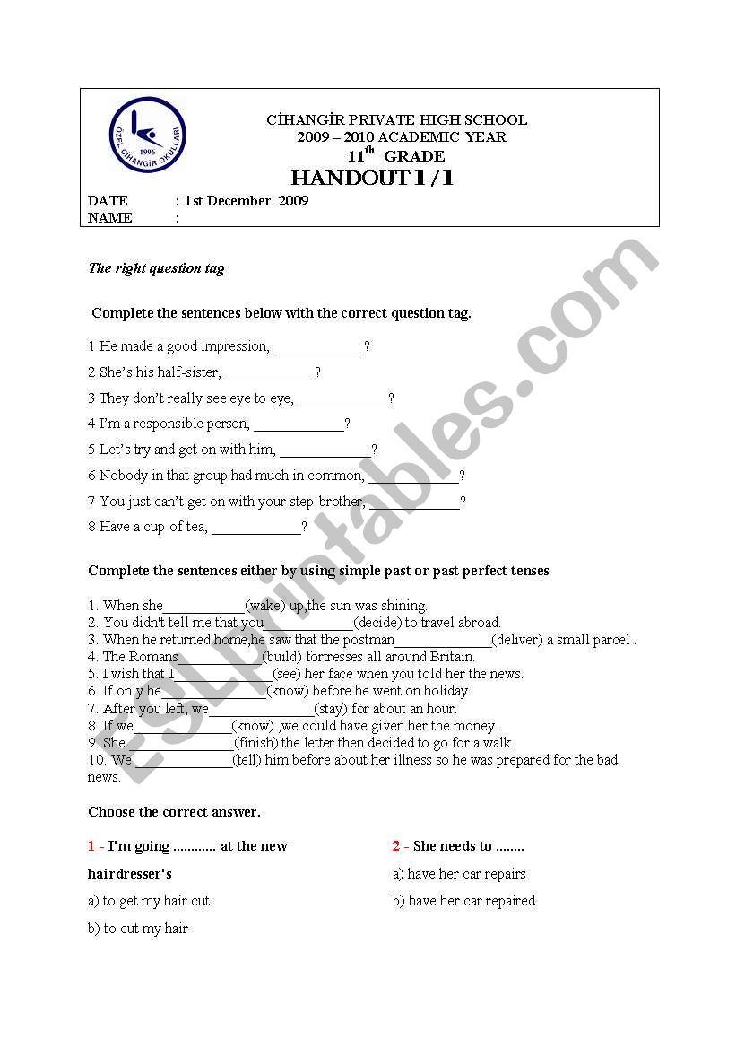 question tag worksheet