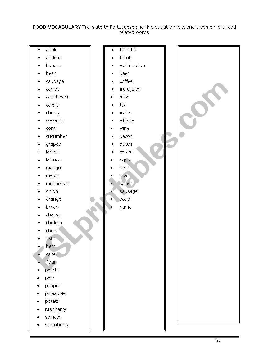 Food vocabulary worksheet