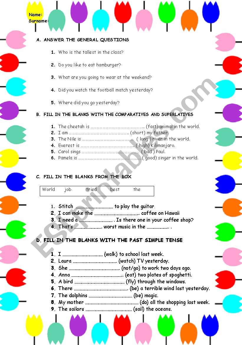   a bit of everything for an elementary exam. comparatives and superlatives, past tense, vacabulary and present continuous 