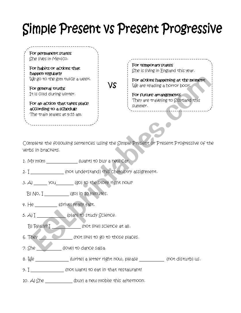 Simple Present vs Present Progressive, 3 pages