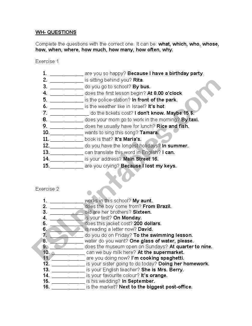 Exercises of WH- Questions worksheet