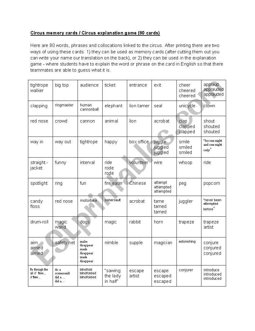 80 memory cards / flashcards with circus vocabulary (also suitable for the explaining game)