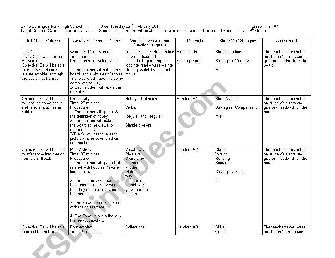 Sport and leisure activities worksheet