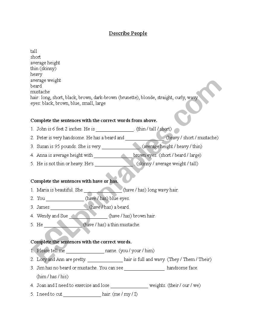Describe people and pronouns worksheet