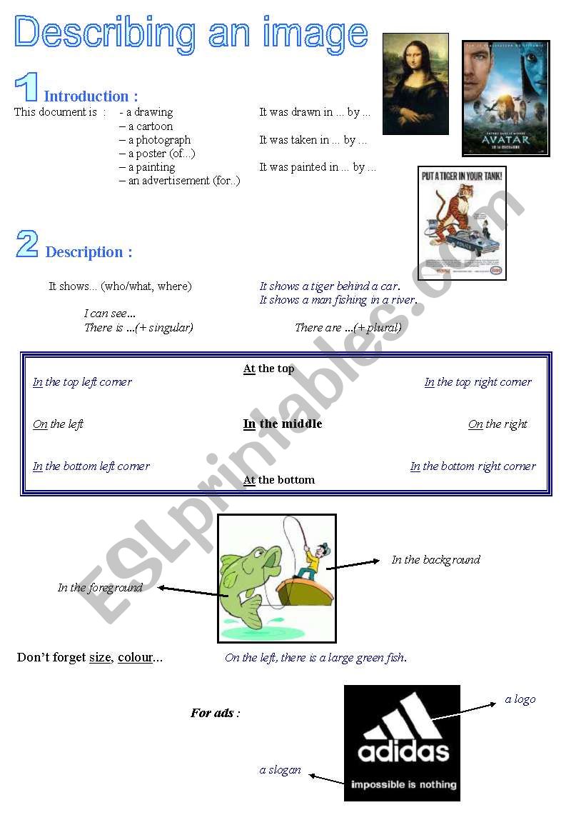 Describing an image - 4 pages - Vocabulary +2 examples (with key)